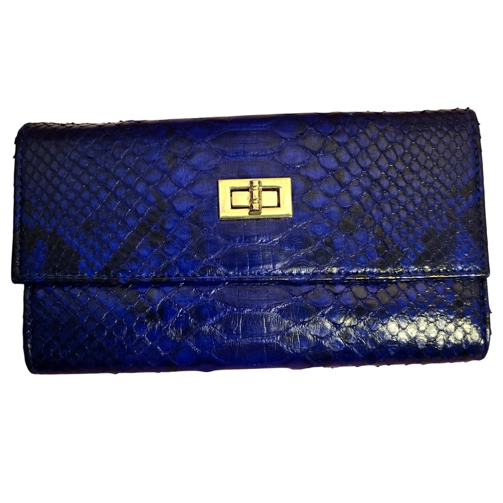 Electric Blue Snakeskin Python Trifold Wallet Gold Turn Lock Closure Luxury